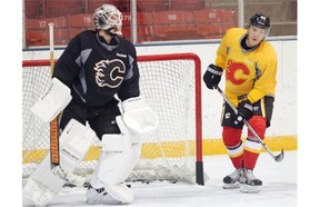 Marcus Granlund was taking shots on goalie Karri Ramo during Calgary Flames practice on Monday.