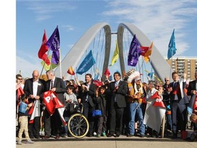Mayor Naheed Nenshi and other dignitaries were present as the St. Patricks Bridge opened across the Bow River after five years of planning, in Calgary on October 20, 2014.