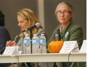 Michelle Glavine, Alberta Party, left, Kathy Macdonald, Wildrose Party, and Polly Knowlton Cockett, Green Party, look at the pumpkin that was placed in the spot of Premier Jim Prentice, who did not show up to the Calgary-Foothills All Candidates Forum on Wednesday.