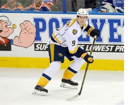 Nashville Predators Filip Forsberg during NHL game action against the Edmonton Oilers at Rexall Place on October 29, 2014.