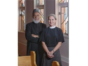 The Rev. Natasha Brubaker Garrison, of St. Martin’s Anglican Church, left, and Imam Syed Soharwardy, right, at Knox Presbyterian Church in Calgary.