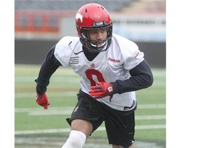 Newly arrived Calgary Stampeders defensive back Ryan Mouton takes off running during practice at McMahon Stadium on Tuesday.