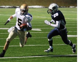 Notre Dame’s Colton Hunchak, left, may be the best all-around high school football player in Alberta.