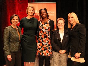 From left to right, Enmax President & CEO Gianna Manes, CTV Calgary Anchor Tara Nelson, Young Women of Power Founder Alison Springer, Calgary Sexual Health Centre President & CEO Pam Krause, The Owen Hart Foundation Founder Martha Hart.