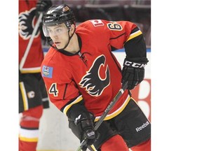 Calgary Flames prospect Garnet Hathaway warms up prior to playing Vancouver Canucks in the Youngstars Tournament in Penticton, B.C. on Monday night.