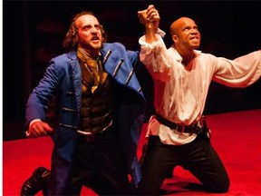 Haysam Kadri and Glenn Davis as Iago and Othello in the Shakespeare Company’s production of Othello, at Vertigo Studio Theatre through October 11