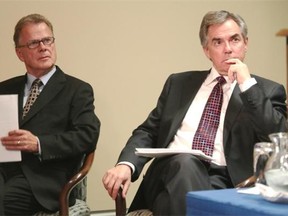 Premier Jim Prentice, right, was joined by Education Minister Gordon Dirks as he announced 230 capital projects consisting of new schools and modernized schools at the McDougall Centre in Calgary on October 8, 2014.