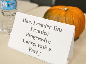 A pumpkin was placed in the spot reserved for Jim Prentice, who did not show up to a Calgary-Foothills all-candidates’ forum Wednesday evening.