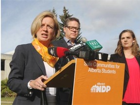 NDP MLA Rachel Notley, with Dr. Darren Lund and NDP candidate for Calgary-Foothills Jennifer Burgess, says the Tory government must repeal Bill 44, which allows parents to pull their kids out of class when sexuality, sexual orientation or religion is discussed.