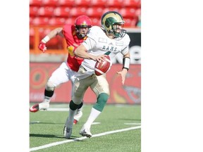 Rams quarterback Noah Picton looks for a pass while playing the Dinos. The University of Calgary Dinos football team played host to the Regina Rams on October 4, 2014 winning 59-7 at McMahon Stadium.