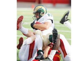 Rams wide receiver Mitch Thompson is surrounded by feet as he is brought down by a bunch of Dinos. The University of Calgary Dinos football team played host to the Regina Rams on October 4, 2014 winning 59-7 at McMahon Stadium.