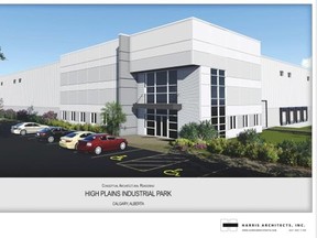 Rendering for future 500,000 state-of-the-art distribution centre to be built in the High Plains Industrial Park in the Balzac area.