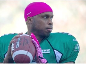 Saskatchewan Roughriders quarterback Kerry Joseph warms up prior to taking on the Edmonton Eskimos last weekend. He will lead the team into Calgary against the Stampeders on Friday night.