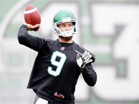 Saskatchewan Roughriders quarterback Seth Doege throws at practice on Wednesday.