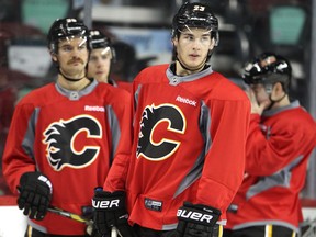 Calgary Flames centre Sean Monahan waited for his turn to skate during morning drills with teammates during practice at the Scotiabank Saddledome on November 13, 2013.