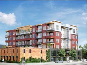 Sole Condos, by Edgecombe Builders in Kelowna, B.C., is a six-storey building with four floors of residential over parking, retail and professional offices.
