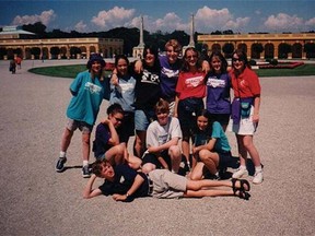 Fellow travellers: Mike Morrison stretches out in front of the Schönbrunn Palace last spring and (inset) in 1997. Only the people and the paving stones have changed.