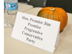 This pumpkin was placed in the spot of Premier Jim Prentice, who did not show up to the Calgary-Foothills All Candidates Forum on Wednesday.