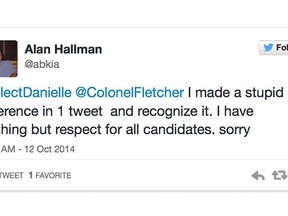 Alan Hallman, campaign manager for PC candidate Gordon Dirk in the Calgary-Elbow byelection, made this apology on Twitter