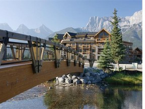 Walking bridge over Canmore’s Spring Creek, looking toward Three Sisters Mountain to the east and Ha Ling Peak to the west.