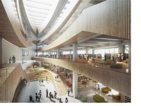 The use of wood in the grand atrium of the new Central Library will give the building a “warmth and a glow.”