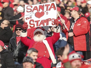 Santa Claus showed up to help cheer on the Stampeders during the 2014 CFL West Final against the Edmonton Eskimos at McMahon Stadium in Calgary, on November 23, 2014.