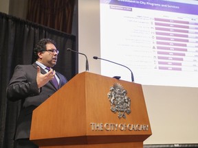 Mayor Naheed Nenshi talks to media about the results of the City of Calgary's of the annual Citizen Satisfaction Survey in Calgary, on November 20, 2014.