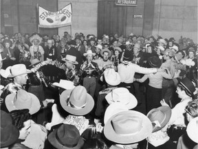 Calgarians joined the 1948 Grey Cup festivities, including taking part in square dancing at Toronto's train stations.