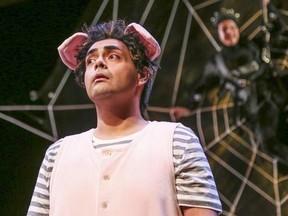 Guillermo Urra is Wilbur the pig, and Manon Beaudoin plays Charlotte the Spider in Charlotte's Web at Alberta Theatre Projects.