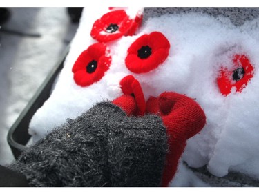 Poppies were laid in the snow at the base of the Central Memorial Park Cenotaph in Calgary on November 11, 2014 as crowd gathered for a Remembrance Day service.