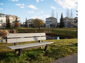 A bench along the pathway at the Harvest Hills Golf Course, which will soon be closed to make room for a residential housing development, in Calgary on Thursday November 6, 2014.