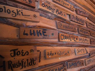 Wood carved names at Symons Valley Roadhouse.