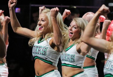 The Saskatchewan Roughriders cheerleaders perform in the cheerleader extravaganza at the Grey Cup festival in Vancouver on Saturday November 29, 2014.