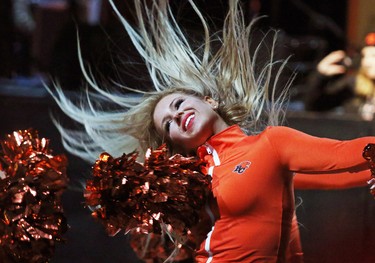 The BC Lions Felions cheerleaders perform in the cheerleader extravaganza at the Grey Cup festival in Vancouver on Saturday November 29, 2014.