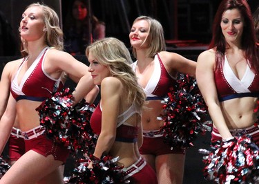 The Montreal Alouettes cheerleaders perform in the cheerleader extravaganza at the Grey Cup festival in Vancouver on Saturday November 29, 2014.
