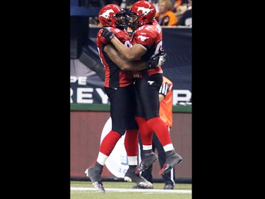 The Calgary Stampeders celebrate a recovery  during the 2014 Grey Cup in Vancouver on Sunday November 30, 2014.