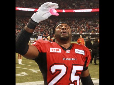 The Calgary Stampeders Keon Raymond was full of emotion after the Stamps won the 2014 Grey Cup in Vancouver on Sunday November 30, 2014.