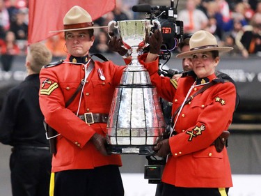 The Grey Cup arrives at the start of the 2014 in 2014 Grey Cup in Vancouver on Sunday November 30, 2014.