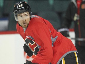 Calgary Flames  winger David Jones takes off during a drill at practice Nov. 12 at the Saddledome .