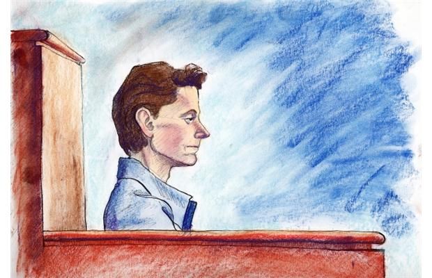 An artist’s rendering of Deborah Louise Point in the defendants box in a Calgary Court room in October, 200 at the start of her trial on charges of second-degree-murder.