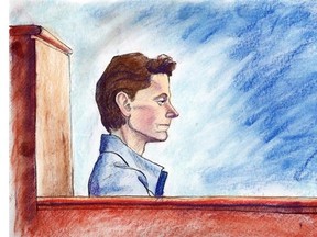 An artist’s rendering of Deborah Louise Point in the defendants box in a Calgary Court room in October, 200 at the start of her trial on charges of second-degree-murder.