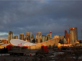 Sunrise over the Scotiabank Saddledome in Calgary.