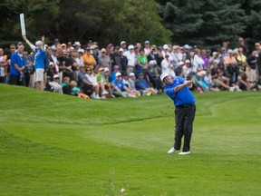 Crowds lines the 18th hole for the Shaw Charity Classic golf tournament finals at Canyon Meadows Golf and Country Club in Calgary on Sunday, Aug. 31, 2014.