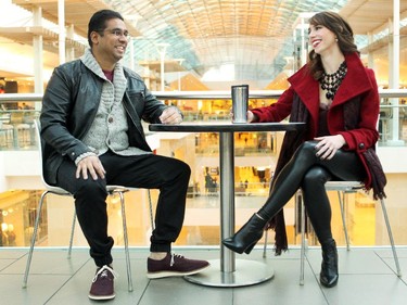 YMCA Vice President of Communications and Financial Development for YMCA Calgary Ken Lima-Coelho and Alberta Ballet Dancer Reilley Bell modelled clothes at the Core Shopping Centre on November 13, 2014.
