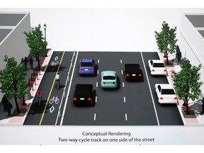 A conceptional design for a two-way cycle track displayed during a City of Calgary open house in the Core shopping mall in downtown Calgary on Wednesday November 12, 2014.