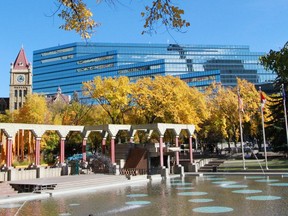 Fall colours frame Olympic Plaza and Calgary's new and old City Halls.