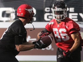 Calgary Stampeders wide receiver Anthony Parker takes a hand-off from quarterback Bo Levi Mitchell during practise at B.C. Place on Friday November 28, 2014.