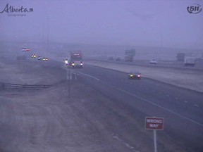 A shot from the AMA road camera on Highway1, near Cochrane, west of the Highway 22 overpass.