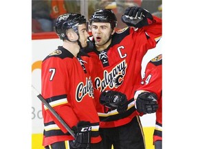 Calgary Flames defencemen T.J. Brodie, left, and Mark Giordano are being touted in hockey circles as one of, if not the, top defensive pairings in the NHL.