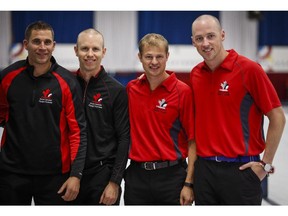 Team Canada men's team members, left to right, John Morris, Pat Simmons, Carter Rycroft and Nolan Thiessen attend the team's announcement in Calgary, Wednesday, Oct. 22, 2014.THE CANADIAN PRESS/Jeff McIntosh